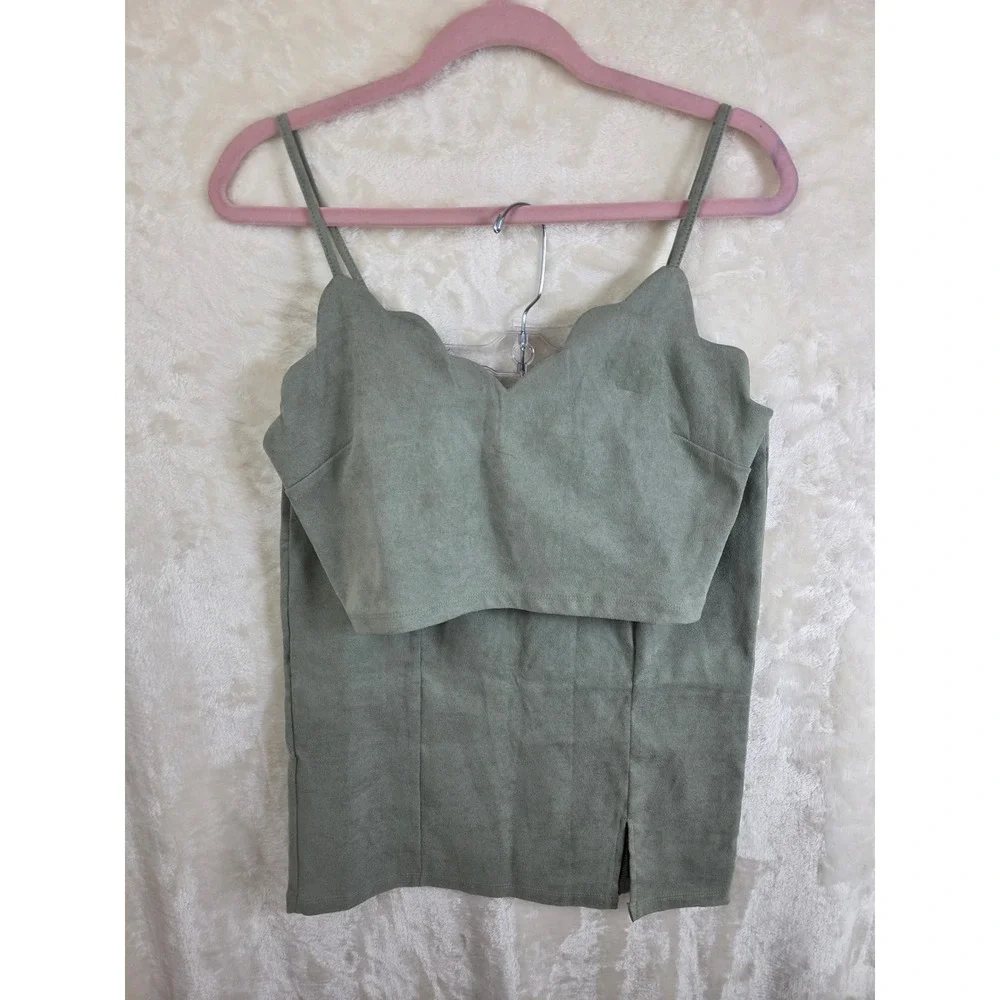 IRIS Sage Green‎ Faux Suede 2 Piece Set Crop Top and Mini Slit Skirt ISET135 L